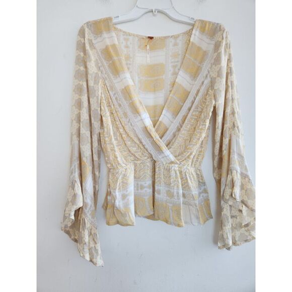 Free People "Rosalie" Yellow Printed "Handkerchief" Faux Wrap Top size Small - Picture 7 of 9